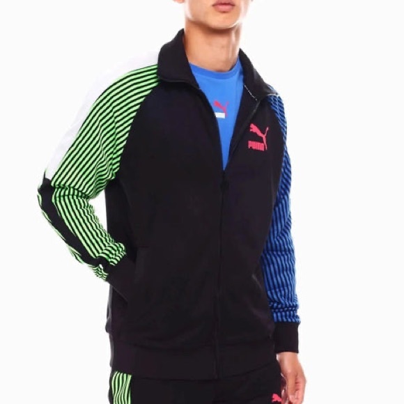Puma Long Raglan Sleeve Front Zip Closure Track Jacket w/Bright Striped Sleeves - Picture 3 of 11